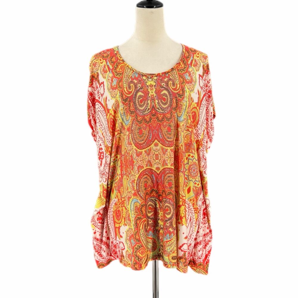 Ivy Jane Orange Red Multicolor Bright Paisley Hippiecore Bohemian Relaxed Tee